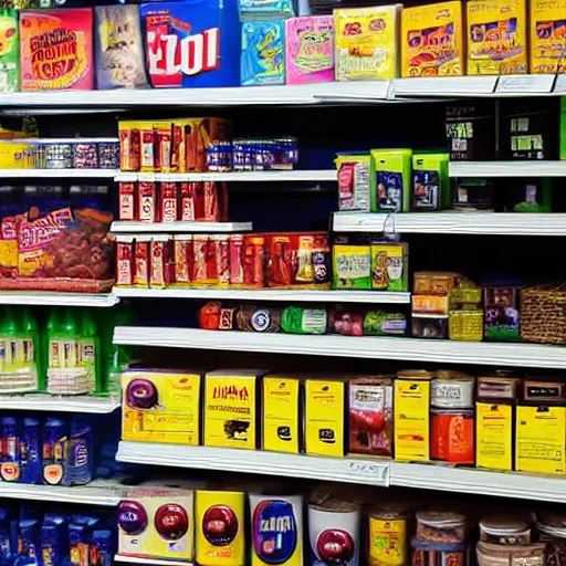 Prompt: shelf of a convenience store, retail store with products, color photo