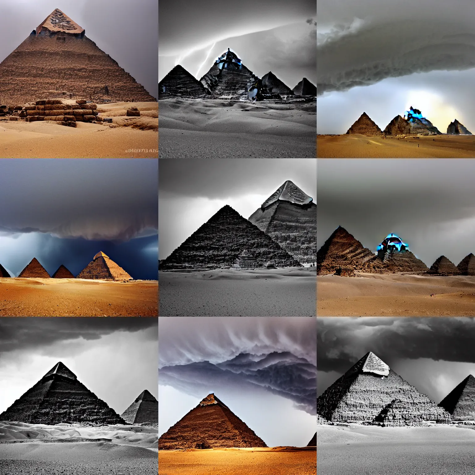 Prompt: The Pyramids of Giza on a rainy day, supercell storm forming