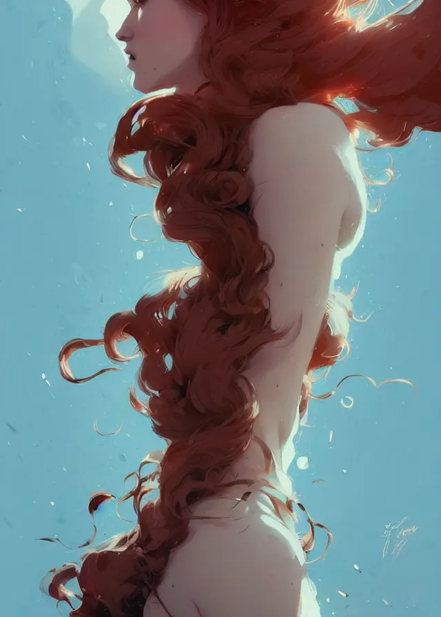 Prompt: beautiful artistic - wave highly detailed full - body portrait female, front facing, long red hair, by atey ghailan, by greg rutkowski, by greg tocchini, by james gilleard, by joe fenton, by kaethe butcher, dynamic lighting, gradient light blue, brown, blonde cream and white color scheme, grunge aesthetic