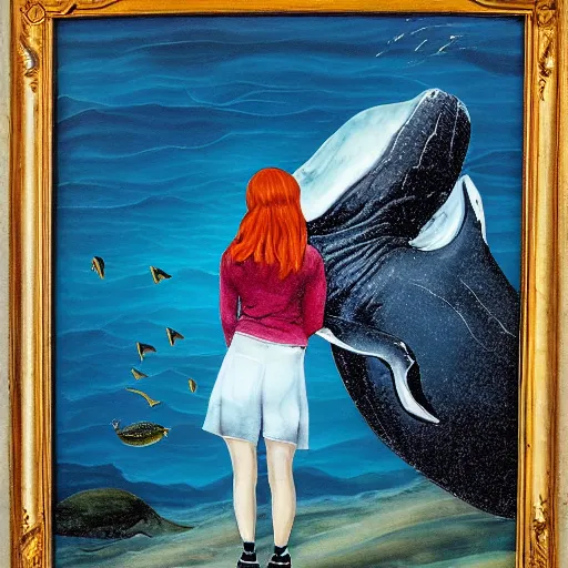 Image similar to a portrait of a red headed young woman hugging a whale in a scenic environment by Bowater Charlie