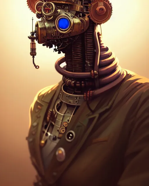 Prompt: hyper - realistic portrait of a steampunk robot, gta v cover art, celshading, sharp focus, intricate, detailed, rhads, andreas rocha, makoto shinkai, lois van baarle, ilya kuvshinov, greg rutkowski, dynamic lighting, grunge aesthetic, 4 k