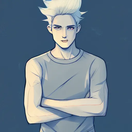 Image similar to portrait of a feminine young man with short white hair, bedhead, and blue eyes, wearing a gray t shirt, muscular arms, dramatic lighting, illustration by Rossdraws, professional portfolio, 4k, digital art, concept art, trending on artstation