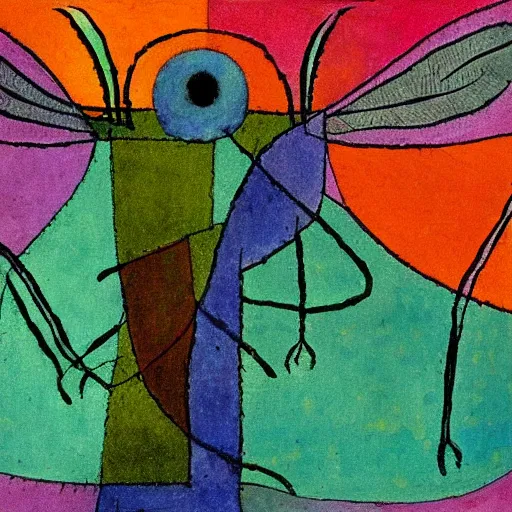 Prompt: a painting of a killer dragonfly by paul klee, intricate detail