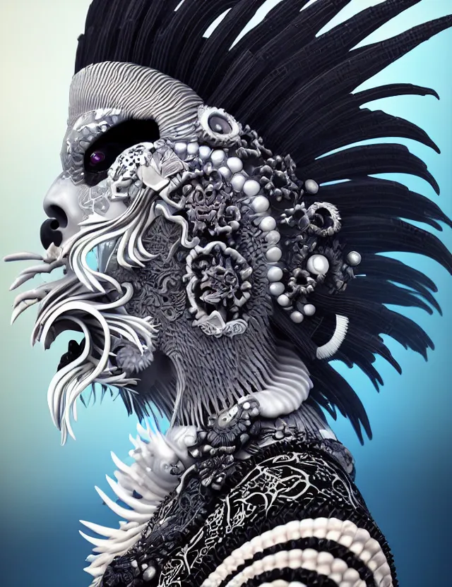 Image similar to 3 d goddess close - up profile portrait punk with mohawk with ram skull. beautiful intricately detailed japanese crow kitsune mask and clasical japanese kimono. betta fish, jellyfish phoenix, bio luminescent, plasma, ice, water, wind, creature, artwork by tooth wu and wlop and beeple and greg rutkowski