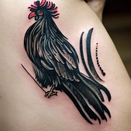 Image similar to A small tattoo of a black rooster. The black chicken is holding smoking a large cannabis blunt in its mouth