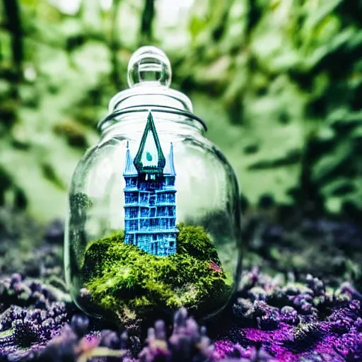 Prompt: An extreme close-up of a glass terrarium jar containing a miniature gothic castle on a hill surrounded by jungle, dark moss background, blue cyan neon pink metallic silver copper purple green mint lavender white, Ernst Haeckel