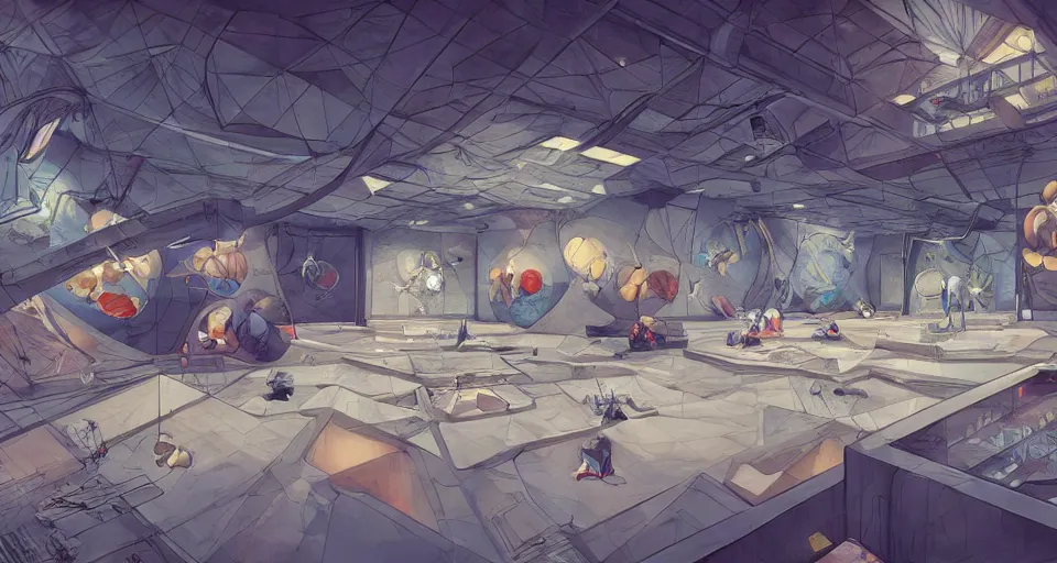 Image similar to A beautiful artwork illustration, a museum space room built for parkour with planets, featured on artstation, wide angle, horizontal orientation