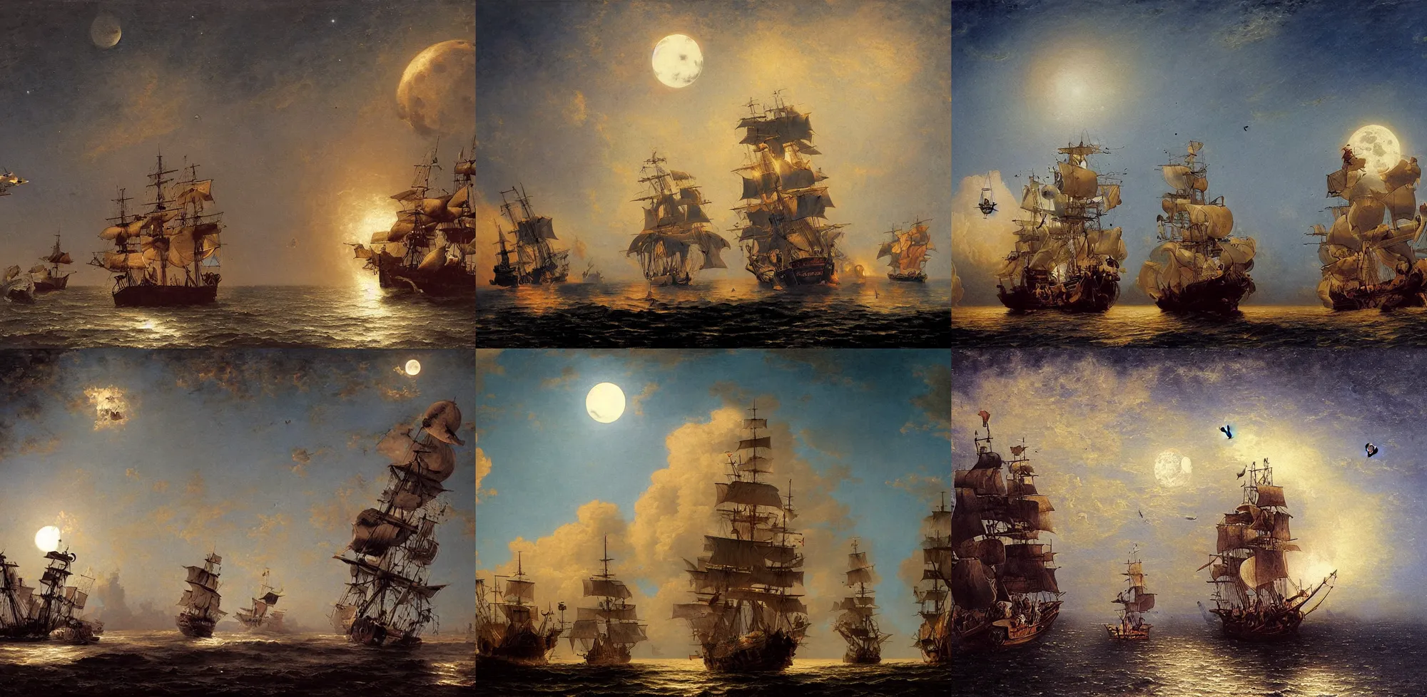 Prompt: 1700s pirate ship in space flying over the moon, oil painting, albert bierdstadt