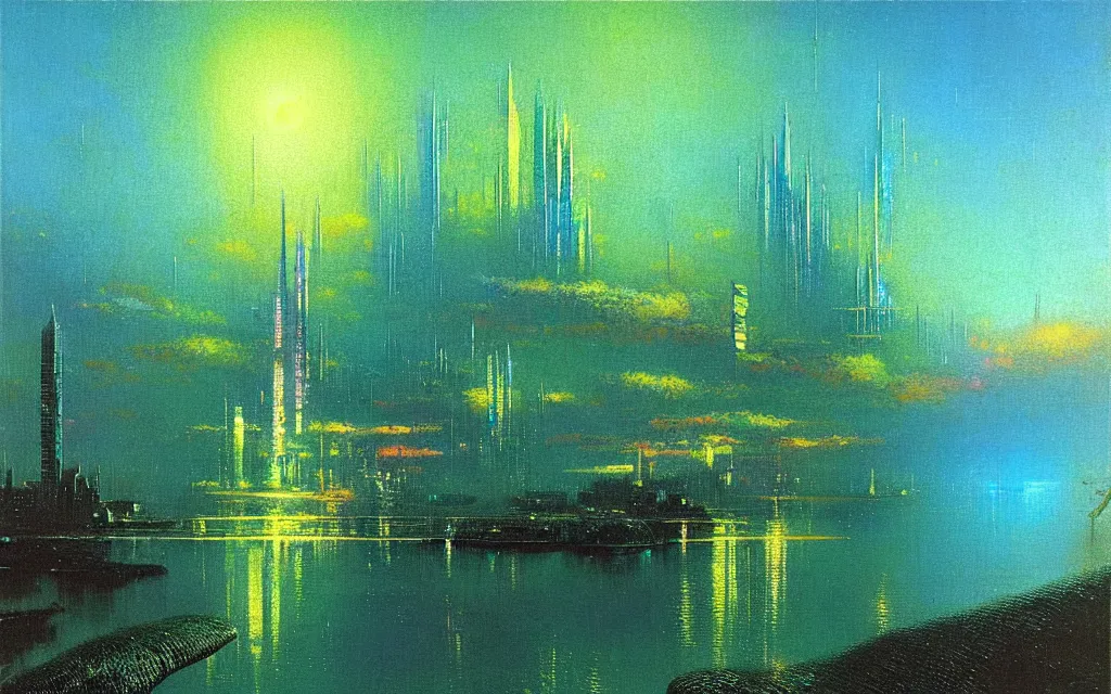 Prompt: hyperpop iridescent opal futurist cityscape pelagic blue green, future perfect, award winning oil painting by bruce pennington and odilon redon