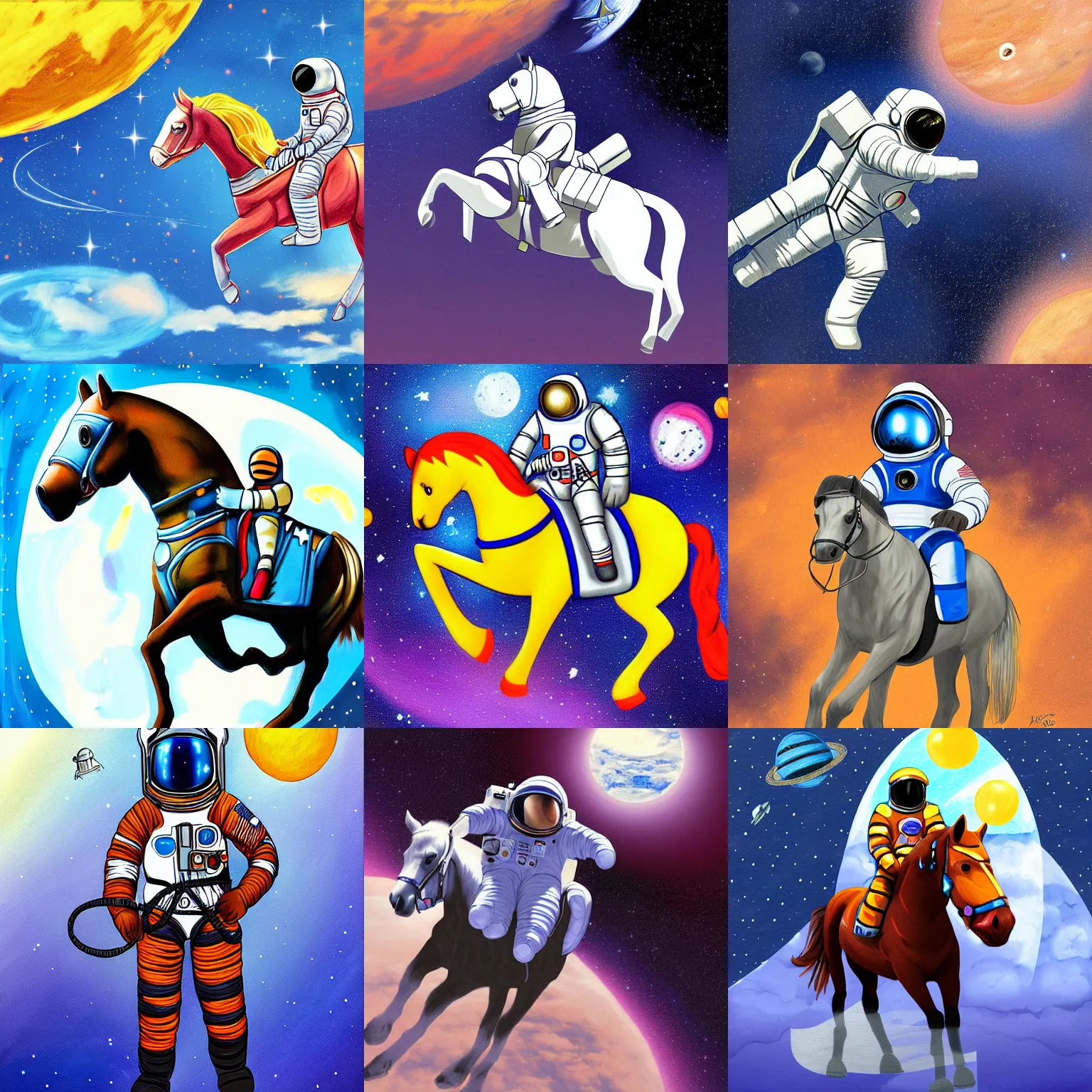 Prompt: horse in a spacesuit riding on astronaut - like vehicle. digital painting by kirby