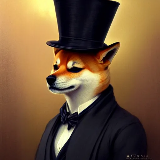 Prompt: side portrait painting of a cute shiba inu gentleman with top hat, ultra realistic, concept art, intricate details, eerie, highly detailed, photorealistic, octane render, 8 k, unreal engine. art by artgerm and greg rutkowski and charlie bowater and magali villeneuve and alphonse mucha