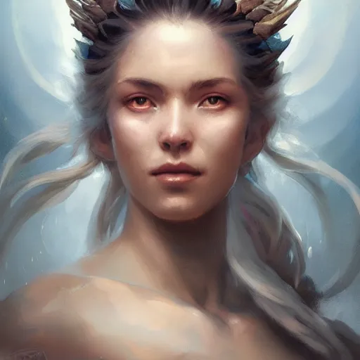 Image similar to a beautiful portrait of a cloud goddess by Greg Rutkowski and Raymond Swanland, Trending on Artstation, ultra realistic digital art