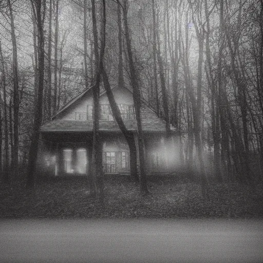 Prompt: house with mystic light from windows, in the wood, pinhole analogue photo quality, monochrome, blur, unfocus, cinematic, 35mm