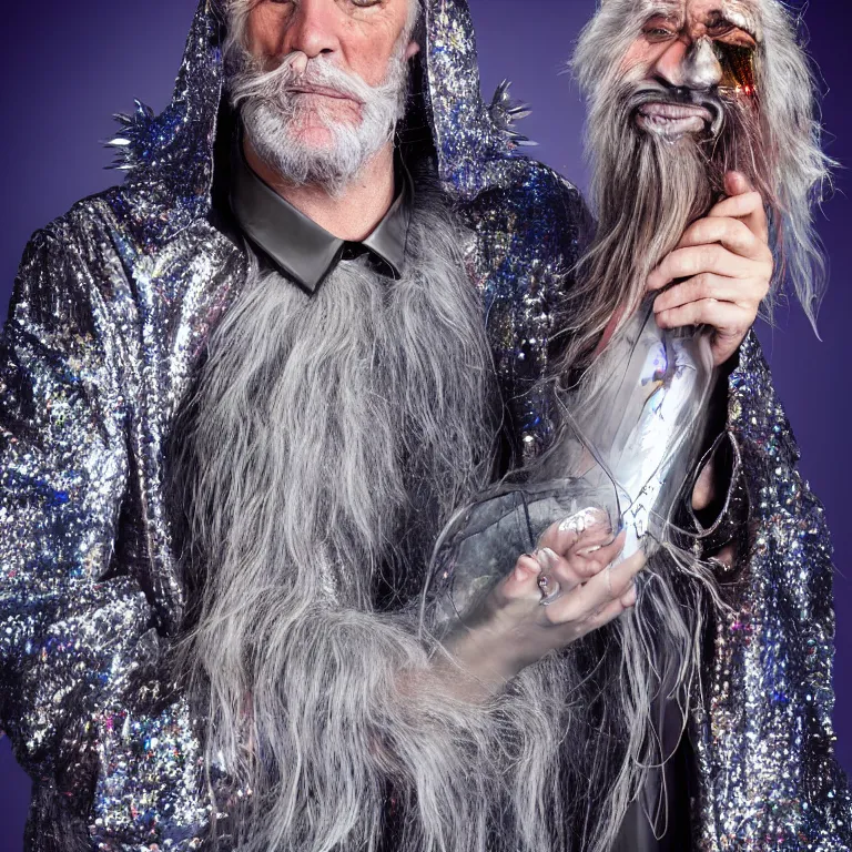 Prompt: high fashion photoshoot octane render portrait by wayne barlow and carlo crivelli and glenn fabry, a distinguished sci - fi futuristic psychedelic wizard with a long white beard wearing a clear plastic iridescent jacket and holding a magical adorable critter while standing inside a futuristic beautiful boutique fantasy hotel lobby, very short depth of field, bokeh