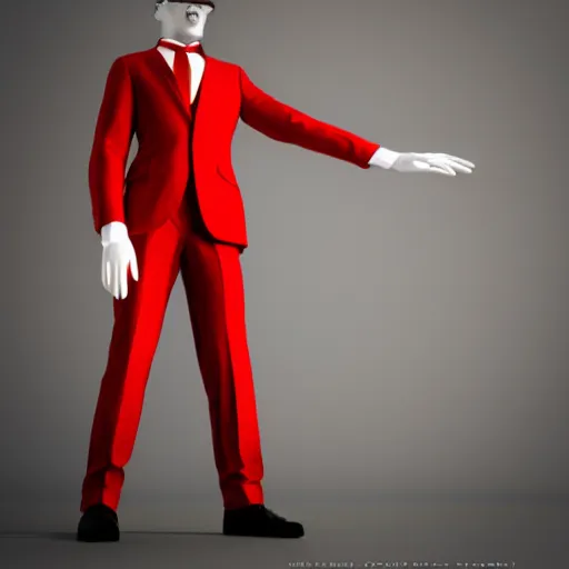 Image similar to a man with an elegant red suit, photography, 3 d render, at night, buildings