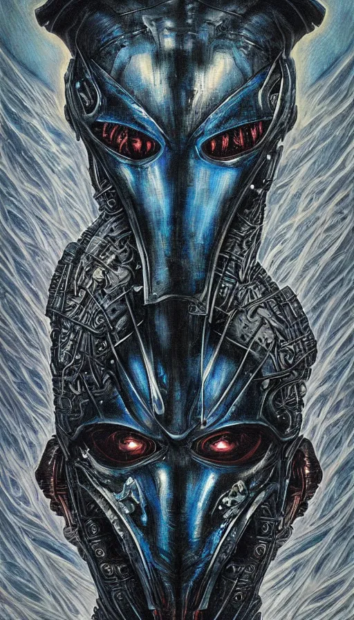 Prompt: Elden Ring and Guyver themed painting of intergalactic cyber assassin symmetrical breathing armor face mask pattern concept, intricate artwork by H.R. Giger, Johnatan Wayshak, Zdizslaw Beksinski, Ayami Kojima, Amano, Karol Bak, Moebius, and Mark Brooks, Neo-Gothic, gothic, rich deep colors, art by Takato Yamamoto, masterpiece, face by Artgerm, very coherent artwork, cinematic, hyper realism, high detail, octane render, unreal engine, 8k, High contrast, golden ratio, trending on cgsociety