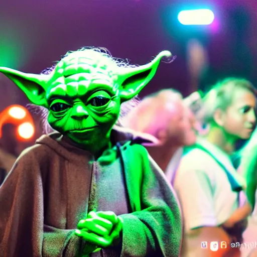 Image similar to Yoda at a rave, highly detailed, high quality, HD, 4k, 8k, Canon 300mm, professional photographer, 40mp, lifelike, top-rated, award winning, realistic, sharp, no blur, edited, corrected, trending