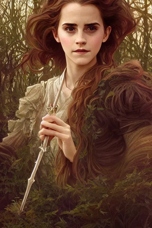 Image similar to beautiful cottagecore emma watson as hermione holding a magic wand, magical Hair, magical forest, intricate, elegant, highly detailed, digital painting, artstation, concept art, smooth, sharp, focus, illustration, art by artgerm and greg rutkowski and alphonse mucha