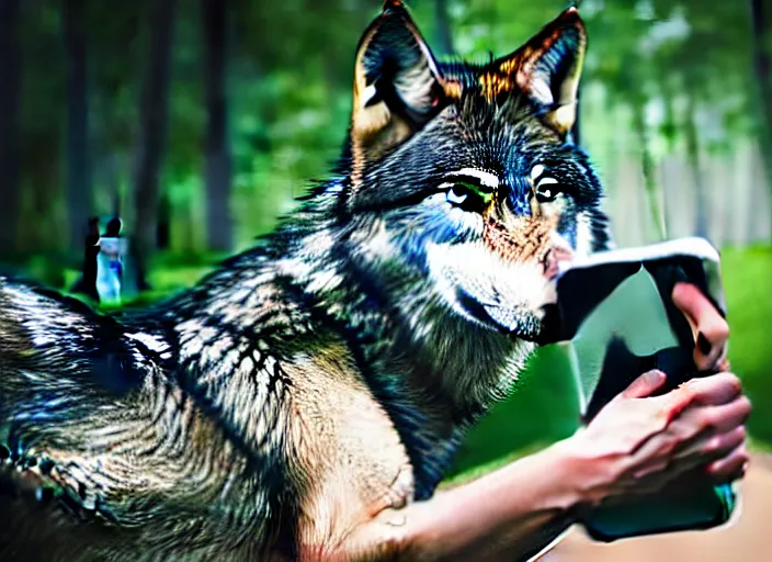 Image similar to portrait of a wolf playing games on a phone, realistic photograph, high quality, 4 k, full shot