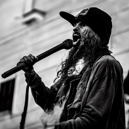 Image similar to A homeless man singing a metal song, black and white.