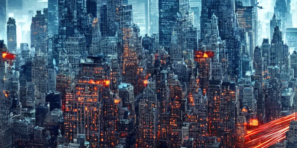 Image similar to A Cyber Kaiju Attacking new york, cinematic