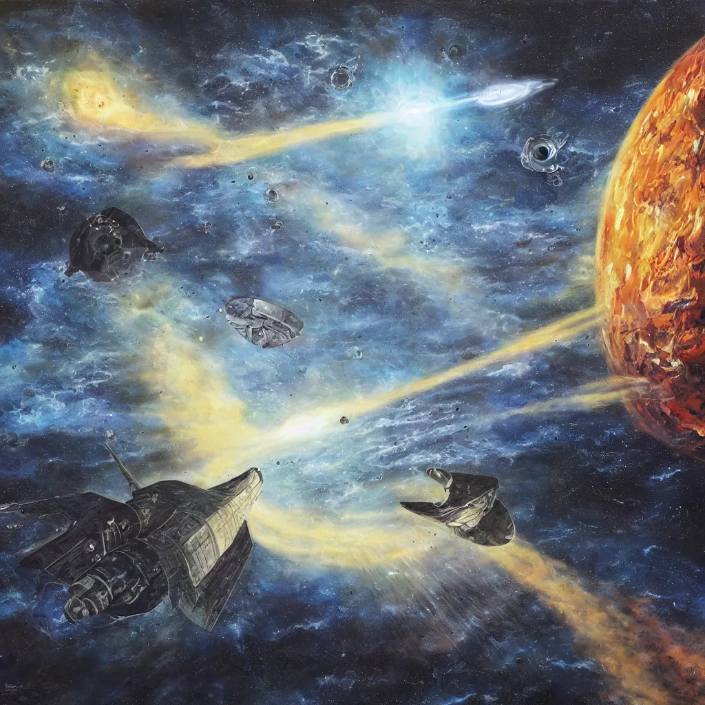 Prompt: Lone spaceship wandering through space, only to see its target destination destroyed by an eldritch being, oil painting, ultra realistic