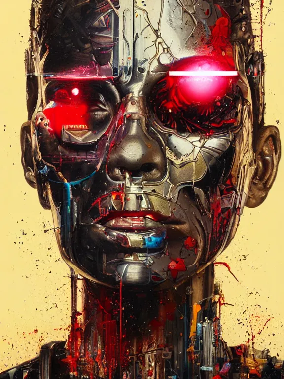 Prompt: art portrait of the terminator,8k,by tristan eaton,Stanley Artgermm,Tom Bagshaw,Greg Rutkowski,Carne Griffiths,trending on DeviantArt,face enhance,hyper detailed,minimalist,cybernetic, android, blade runner,full of colour,