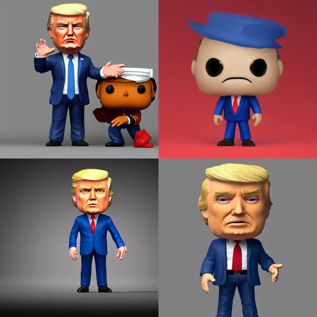 Prompt: full body 3d render of donald trump as a funko pop!, studio lighting, grey background, distant camera, blue suit, single person, no shadow, blender, trending on artstation, 8k, highly detailed