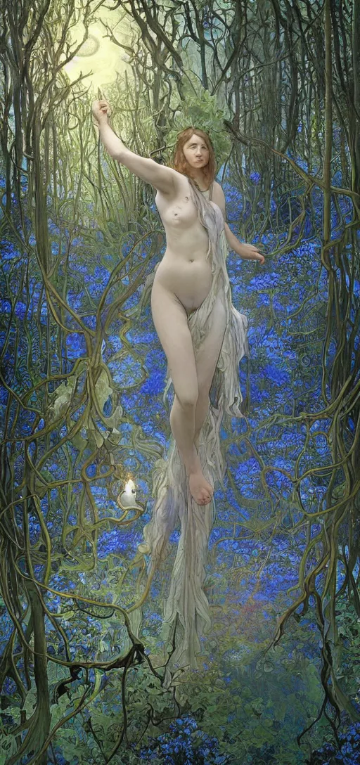 Prompt: painterly dreamy Kupala Night in the blue forest with trees which have eyes, giant flowers, glowing owls, deers, lianas, thistles, giant fantasy creatures, a stream and sky with moon and stars by Alphonse Mucha, Artgerm, Alex Grey, Aron Wiesenfeld and Giger dark fantasy, witcher, very detailed oil painting in the alla prima style, masterpiece, 8k