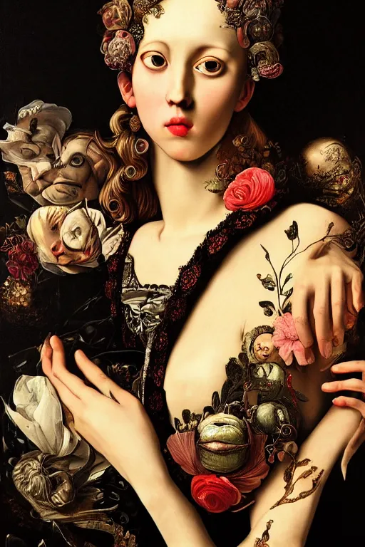 Image similar to Detailed maximalist portrait with large lips and wide eyes, sad expression, extra hands, HD mixed media, 3D collage, highly detailed and intricate, surreal, illustration in the style of Caravaggio, dark art, baroque