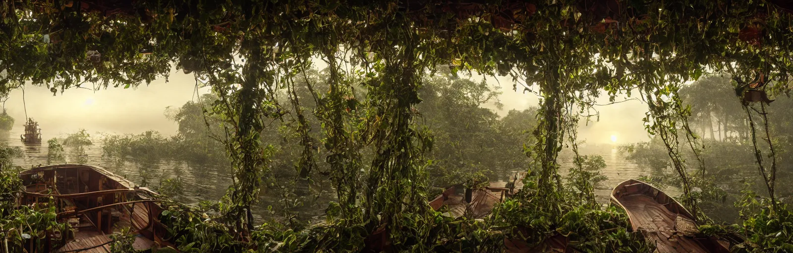 Prompt: A wooden, beautiful 1880's steamboat overgrown with intricate vines, flowers, snakes, anacondas and exotic vegetation floating down on the Amazon river. Faint lights from inside the ship. Steam. Birds circulating. The boat looks like an island. Ecosystem. Photo by Roger Deakins. Photorealistic. Sunset. Volumetric lights. Mist. hyper-maximalistic, with high detail, cinematic, 8k resolution, beautiful detail, insanely complex details.