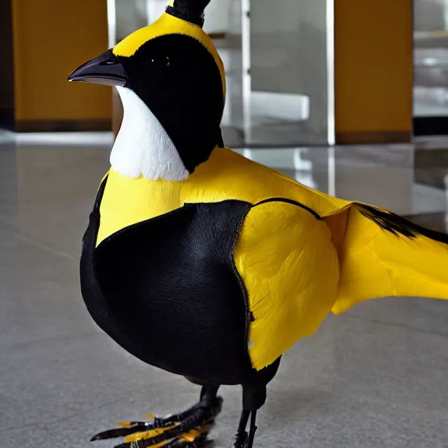 Prompt: a person wearing a fursuit of a yellow - bill magpie fursona, fursona, furry convention, hotel lobby, indoors, photograph, furry fandom, photorealistic,