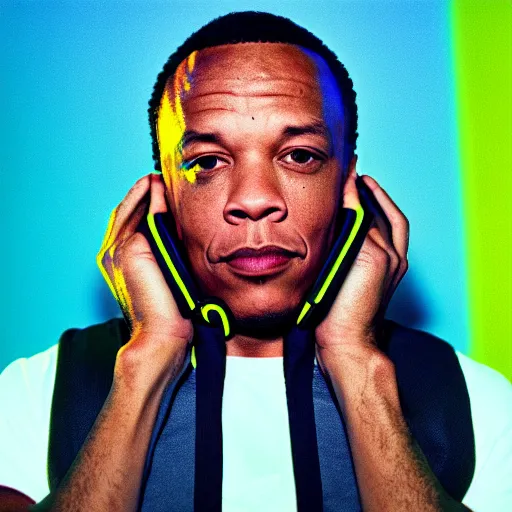 Prompt: photo of dr. dre wearing futuristic neon headphone., cinestill, 8 0 0 t, 3 5 mm, full - hd