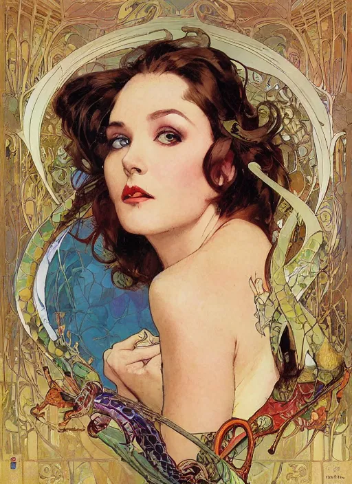 Prompt: an art nouveau copic maker portrait of an snake by john berkey by stanley artgerm lau, greg rutkowski, thomas kinkade, alphonse mucha, loish, norman rockwell