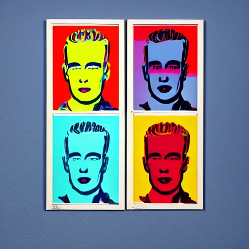 Prompt: frits lang robot, 6 panels by andy warhol, with highly contrasted colors and an illuminating background