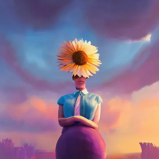 Image similar to giant daisy flower under head, frontal, girl in a suit, surreal photography, sunrise, dramatic light, impressionist painting, digital painting, artstation, simon stalenhag