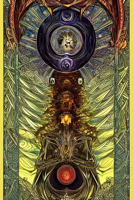 Prompt: a symmetrical tarot card by android jones, ornate border, trending on artstation