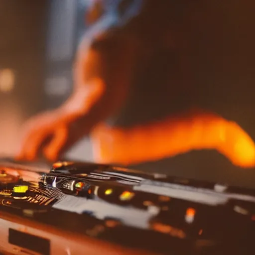 Prompt: closeup of augmented human repairing 1 9 8 0 s cassette deck, dark messy smoke - filled cluttered workshop, sparks, dark, dramatic lighting, orange tint, cinematic, highly detailed, sci - fi, futuristic, movie still from blade runner