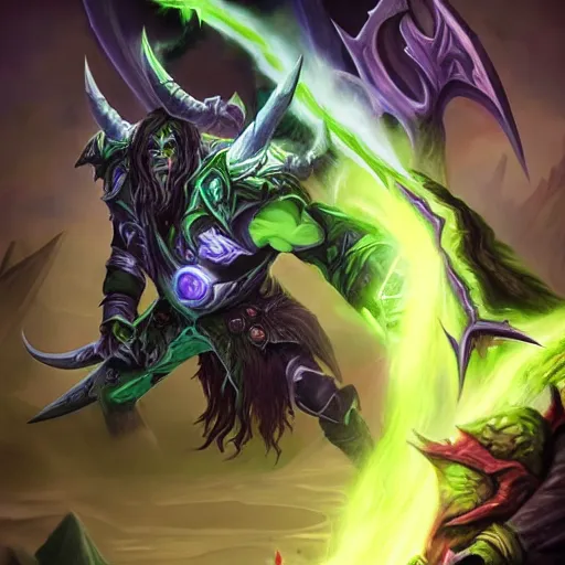 Prompt: illidan stormrage killing malfurion stormage, magic, duel, blades, hatred, killing, photorealistic