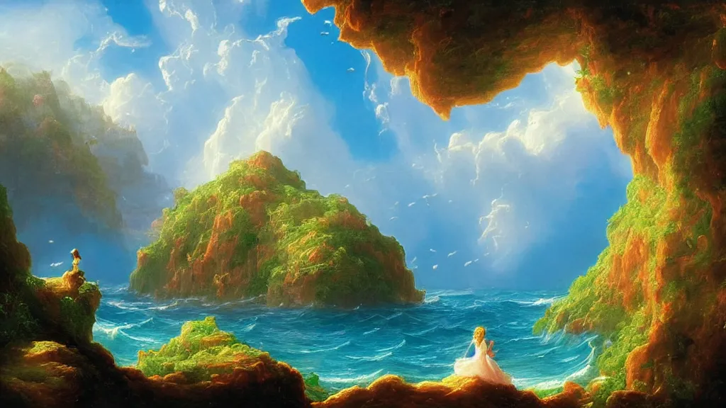 Image similar to very detailed and perfectly readable fine and soft relevant out of lines soft edges painting by beautiful walt disney animation films of the late 1 9 9 0 s and thomas cole in hd, we see an ocean world, nice lighting, perfect readability