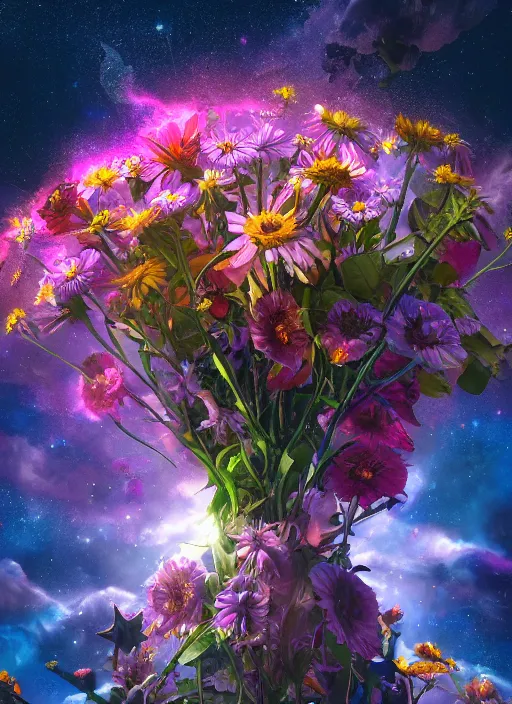 Image similar to An epic fantastic realism comic book style painting of the most beautiful flowers launched into space, bouquets, fisheye lens, unreal 5, DAZ, hyperrealistic, stars across the cosmos, octane render, dynamic lighting