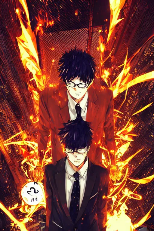 Image similar to manga cover, orange-headed businessman, intricate cyberpunk city, emotional lighting, character illustration by tatsuki fujimoto, chainsaw man, fire punch