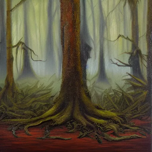 Prompt: humanoid bathynomus, swamp, forest, foggy, oil painting