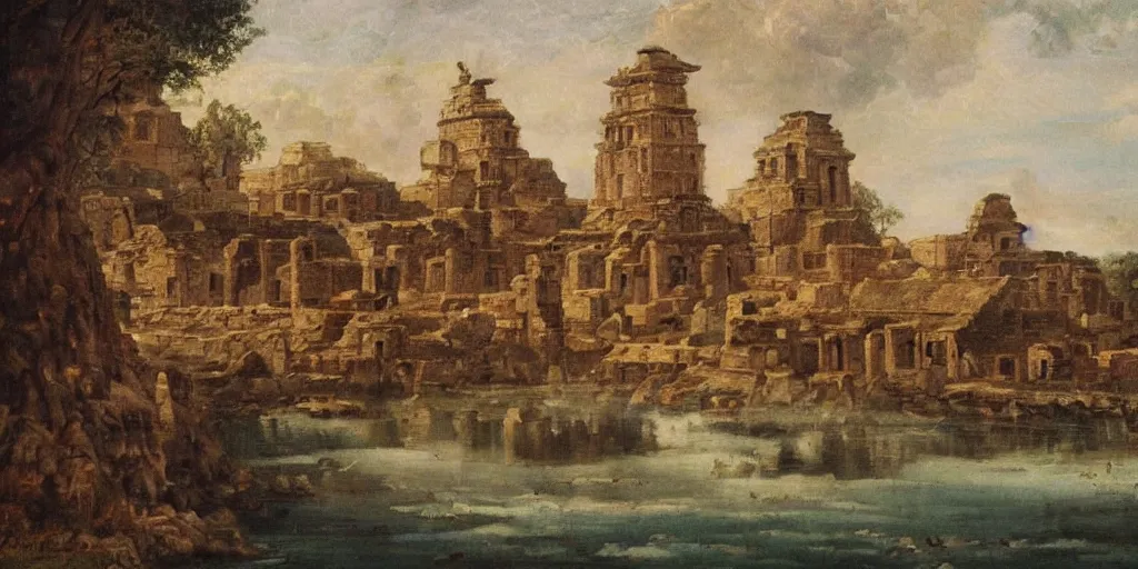 Prompt: stunning landscape painting of an ancient city