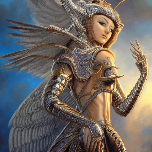 Prompt: a beautiful angel with 3 heads wearing a silver armor with golden ornaments and diamonds jewelry, wings by alex gray and android jones, karol bak, ayami kojima, amano, concept art, character design, fantasy, 3 d, 8 k resolution