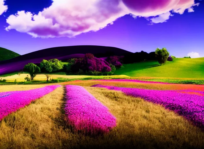 Image similar to fields full of flowers, pink and purple trees and blue sky with hills in the background. Intricate. Very detailed 8k. Fantasy. Sharp. Cinematic post-processing.