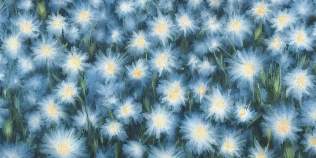 Prompt: light blue flowers at the bottom of the painting, white background, matte painting