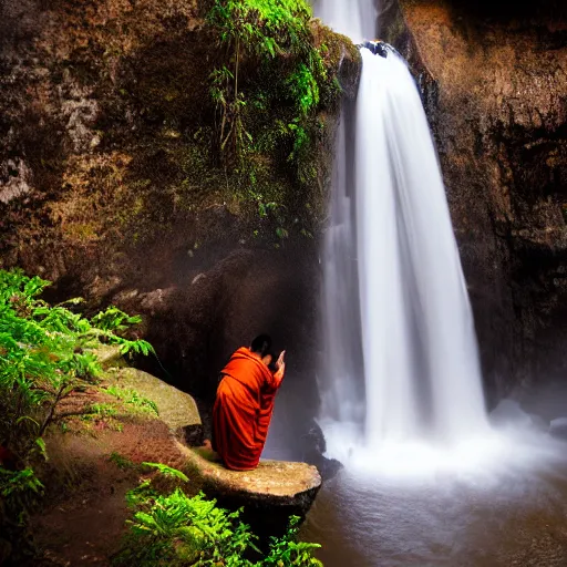 Image similar to a simply breathtaking shot of mediating monk at pongour falls in dalat, 7 layers waterfall, photographer dang ngo