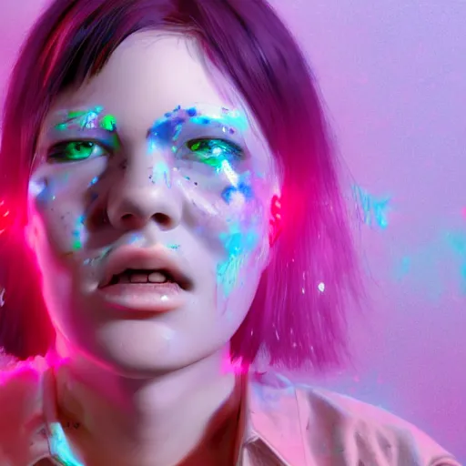 Image similar to born again christian tiktok influencer eating melting crayons and winking to their followers, in the style of james jean, artstation trending, 8 k, 3 d render, photorealistic, volumetric lighting caustics, pink