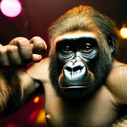 Image similar to gorilla dj dance party in a club listening to bustah rhymes holding a cigar, high quality, high definition, photo realistic, dance lights